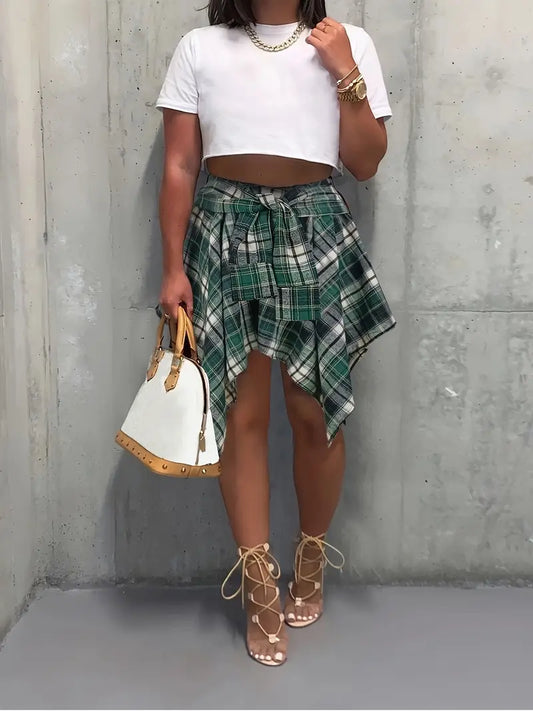 Comfy Sleek Tie Shirt Plaid Skirt