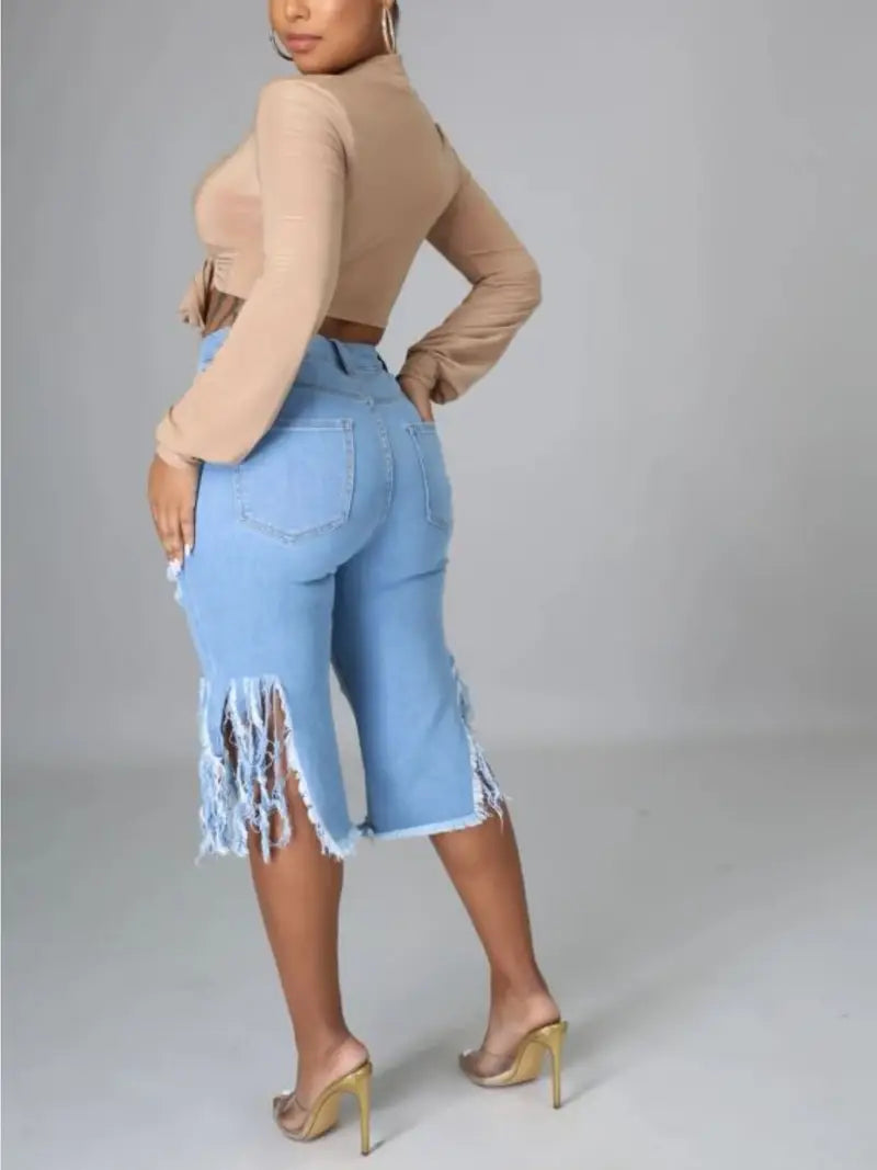 High End Distressed Denim Fringe Shorts