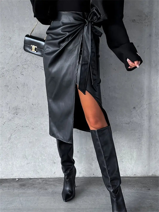 Elegant Solid Leather Split Skirt