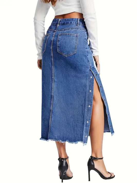 Distessed Edgy Split Denim Skirt