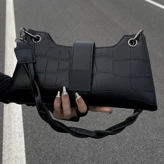 Luxe Retro Style Black Crocodile Shoulder Bag