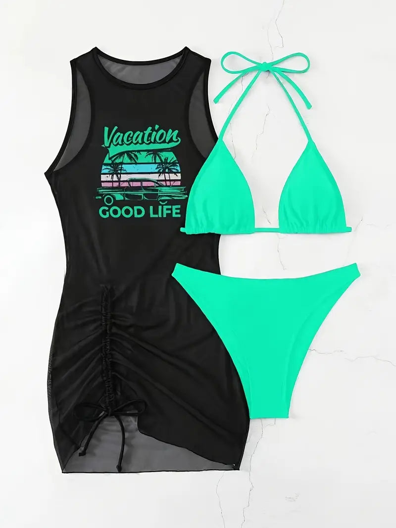 Stylish Solid Color Bikini & Dress Cover Up