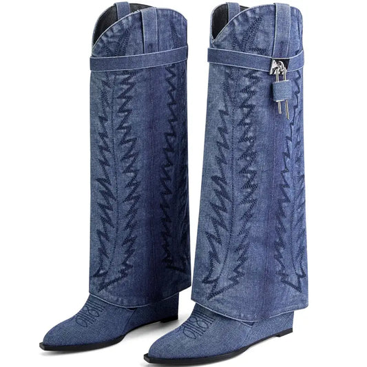 Exclusive Luxe Denim Lock Cowboy Boots