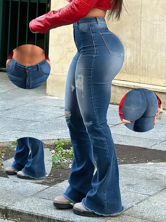 Distressed High Waist Bell Bottom Jeans