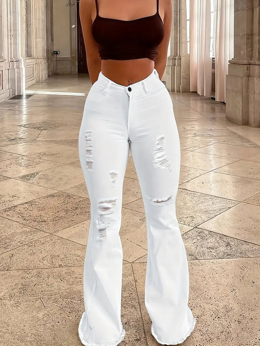 Ripped Wide Leg Chic Denim Jeans
