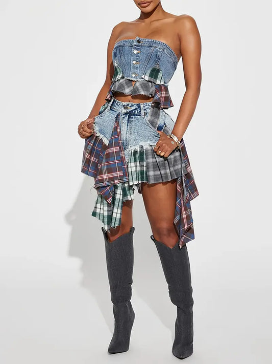 Vintage Retro Preppy Plaid Denim Skirt