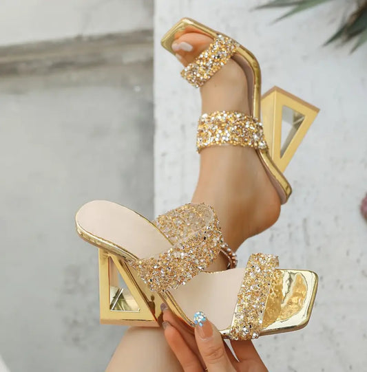 Iconic Golden Flake Pyramid High Heels