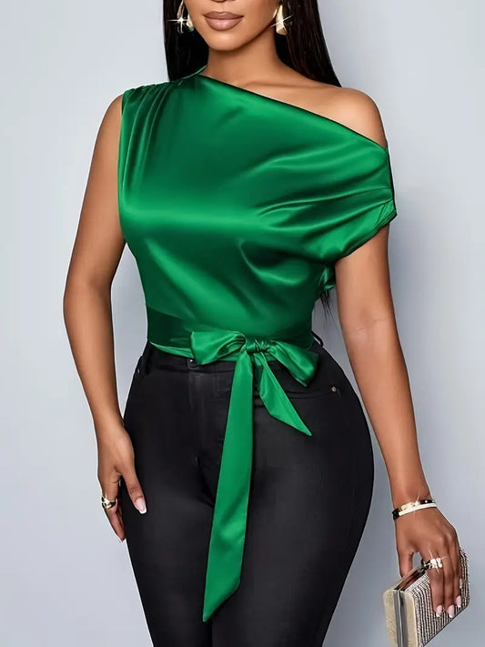 Elegant Off Shoulder Green Double Satin Top