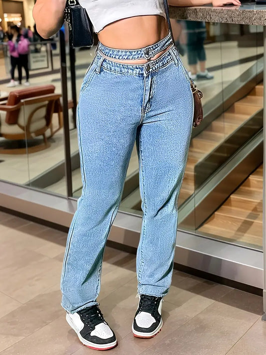 Luxe Chic Double Belt High Fashion Denim Jeans