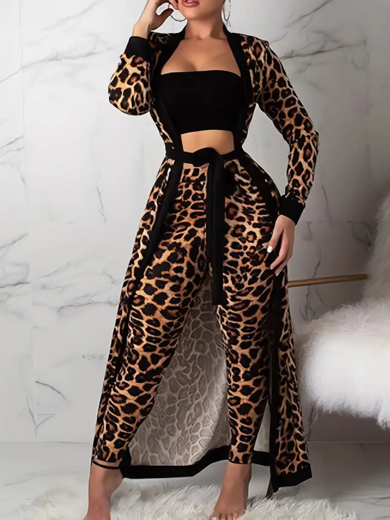 Luxe Cheetah Robe Crop Top & Pants 3 Piece Lounge Set