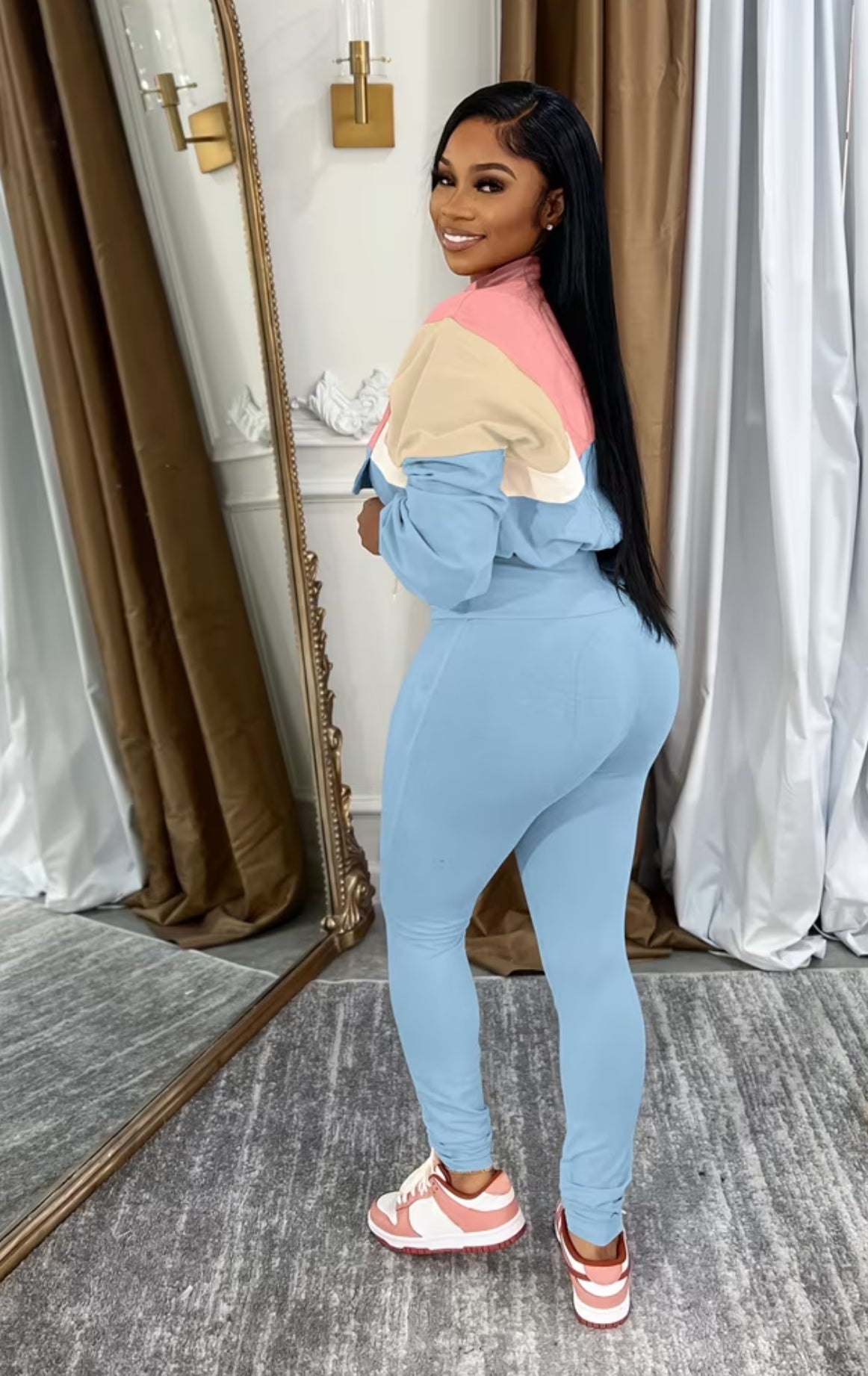 Solid Casual Quarter Zip Two Piece Set