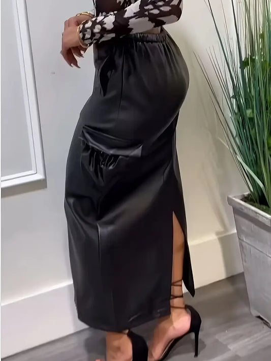 Stylish Leather Cargo Split Skirt
