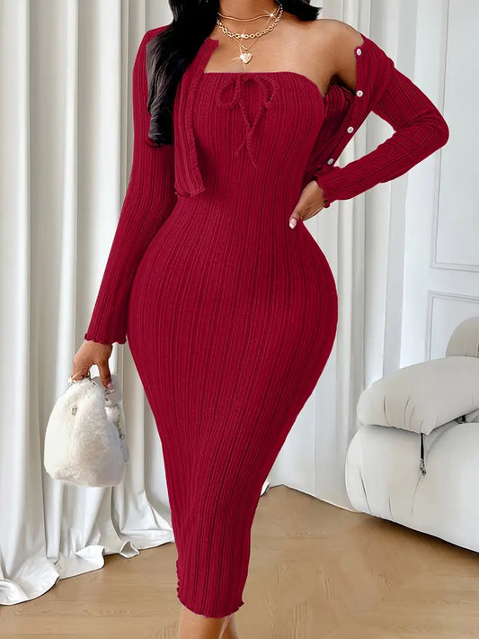 Sleek Bold Knitted Dress & Cardigan
