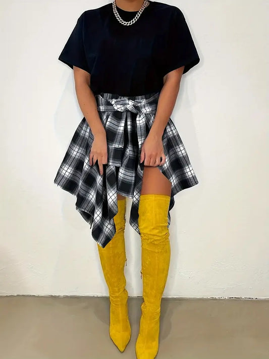 Comfy Sleek Tie Shirt Plaid Skirt