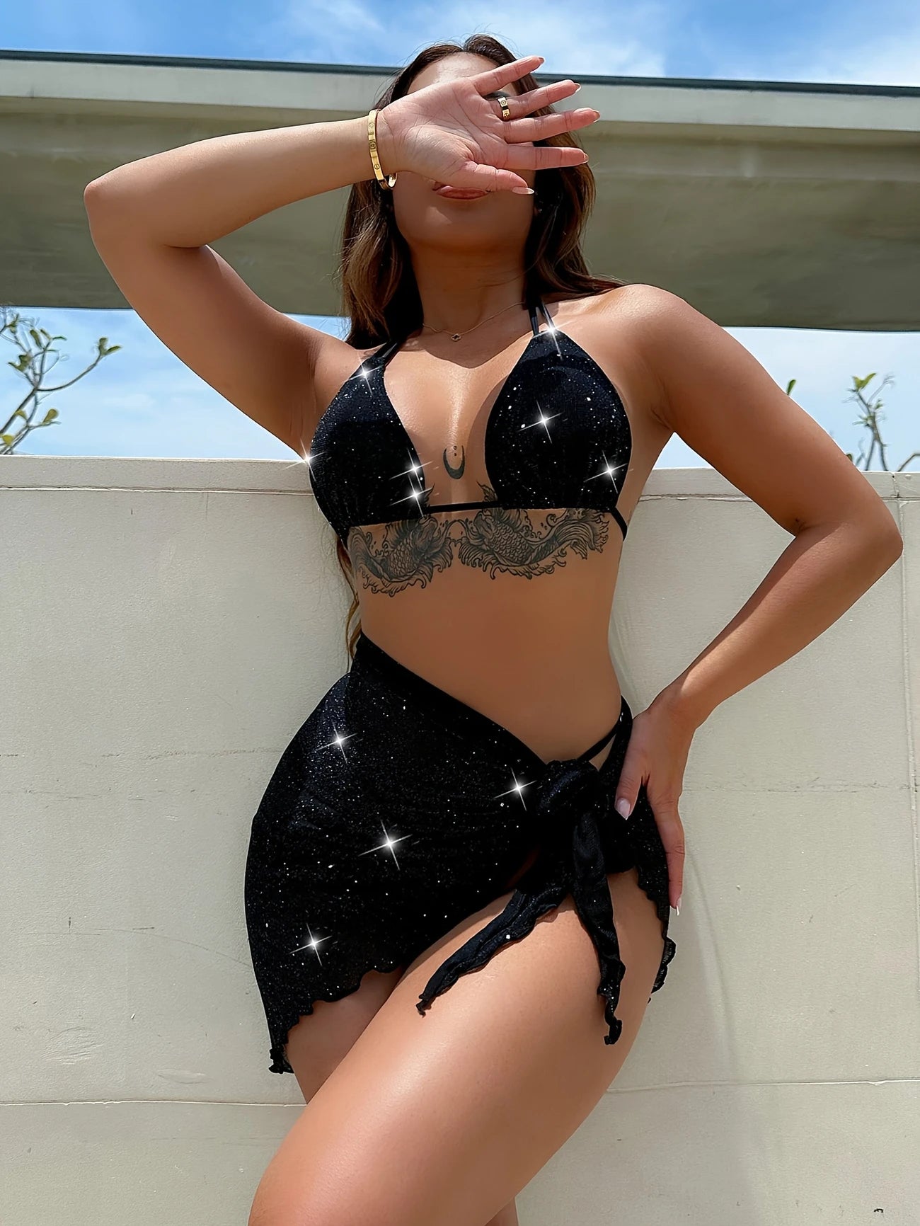 Sexy Three Piece Shimmering Bikini & Skirt Cover