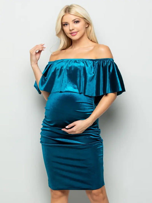 Velour Off Shoulder Luxurious Maternity Dress
