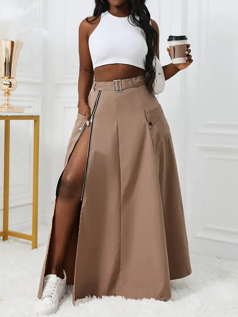 Long Chic Zip Flowy Cargo Skirt