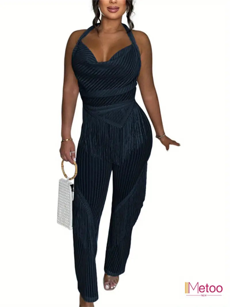 High End Sexy Backless Knitted Tassel Two Piece Set