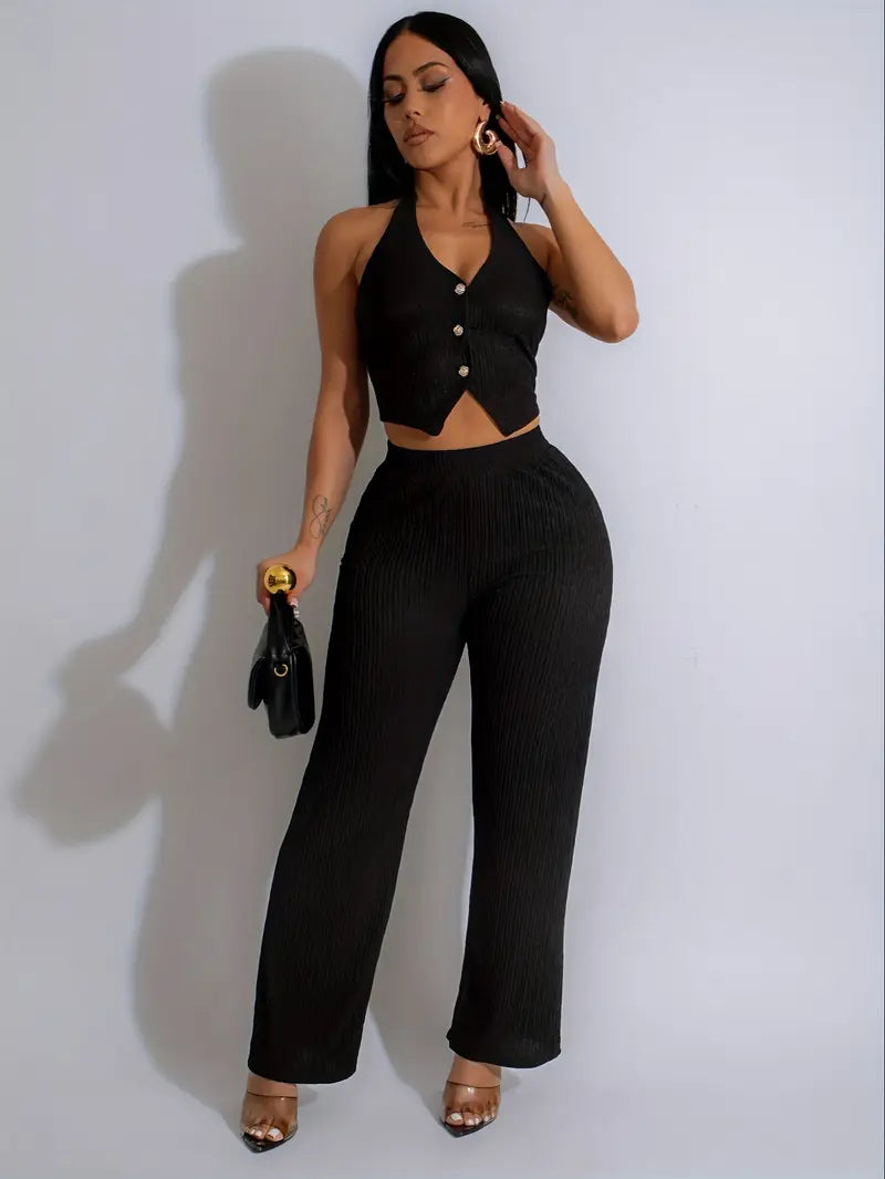 Chic Solid Color Vest & Pants Set