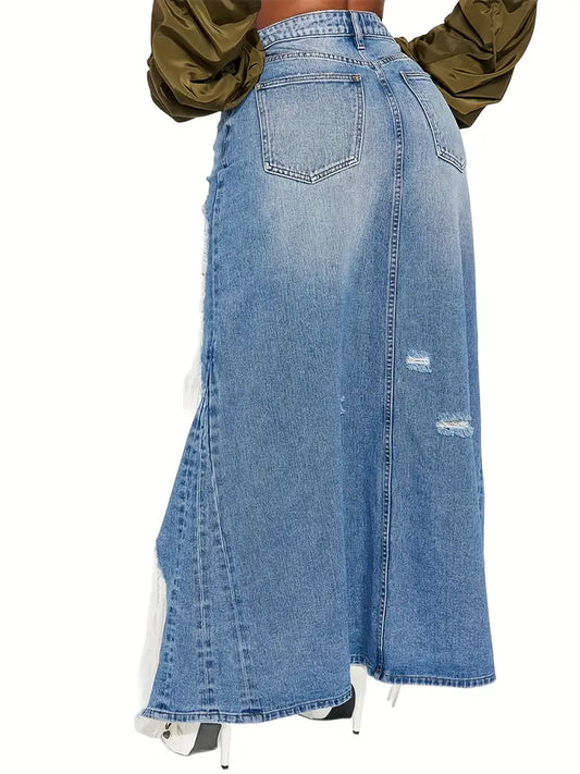 Elegant High Low Retro Distressed Denim Skirt