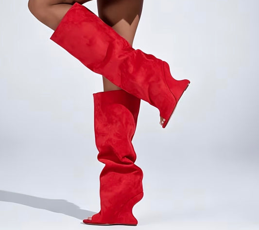 Luxe Velour Knee High Wedge Wave Boots