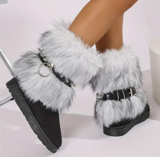 Fur Retro Belted Spike Boots