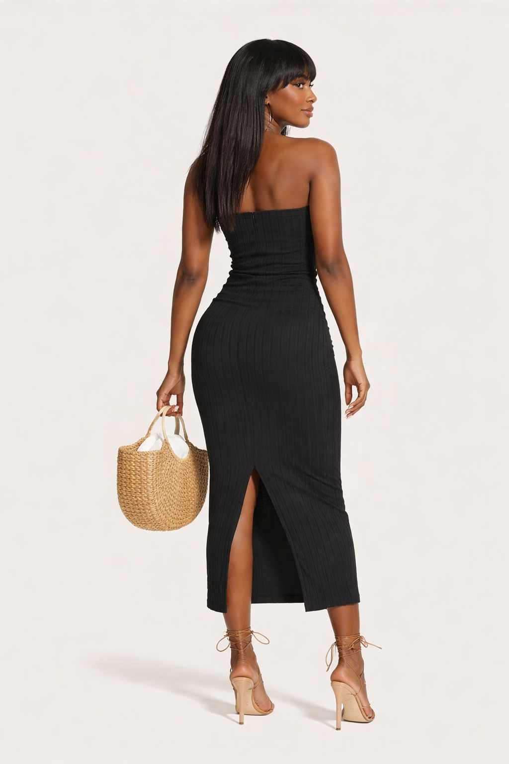 Elegant Strapless Side Split Black Dress