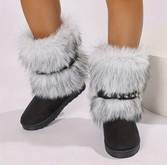 Fur Retro Belted Spike Boots