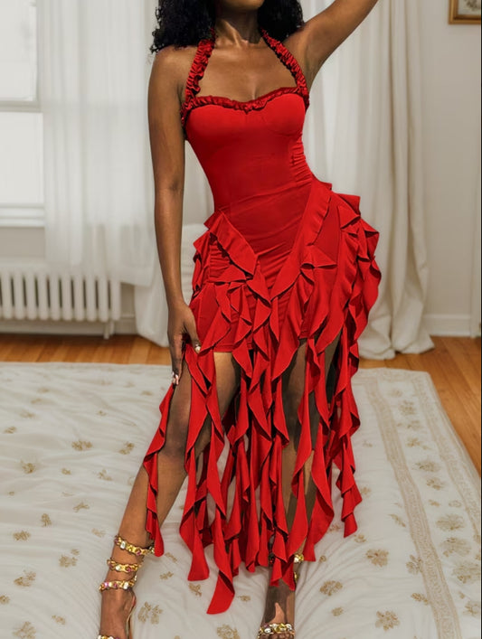 Sleek Chic Off The Shoulder Ruffled Frilled Evening Dress