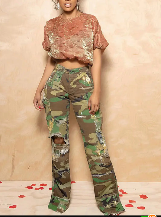 Retro Distressed Camo Jeans