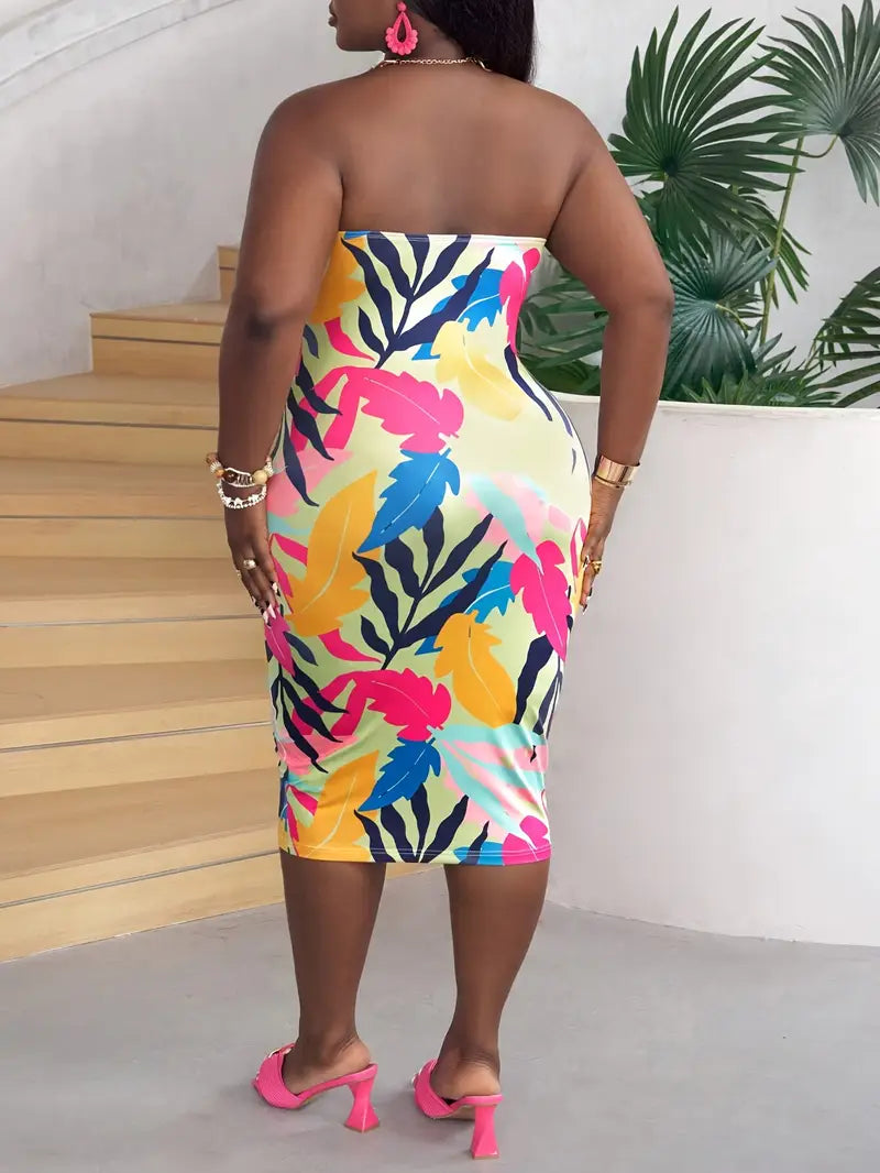 Tropical Print Strapless Dress