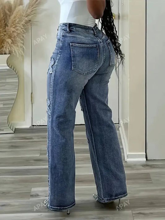 Retro Cross Print Distressed Casual Wide Leg Jeans