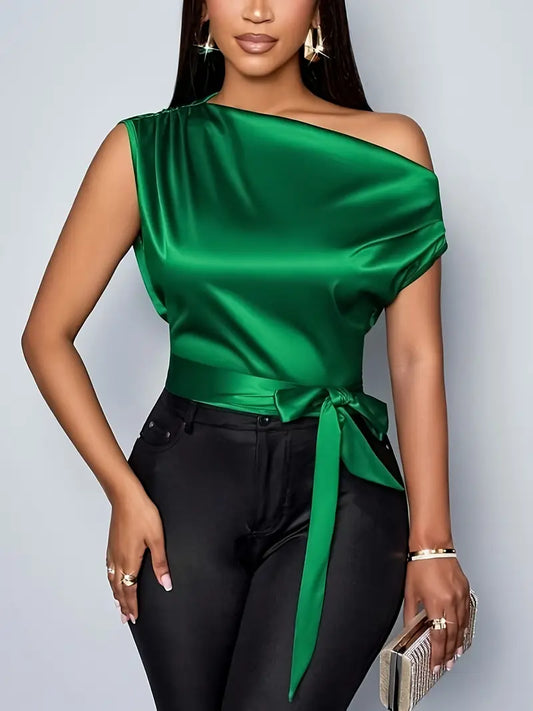 Elegant Off Shoulder Green Double Satin Top