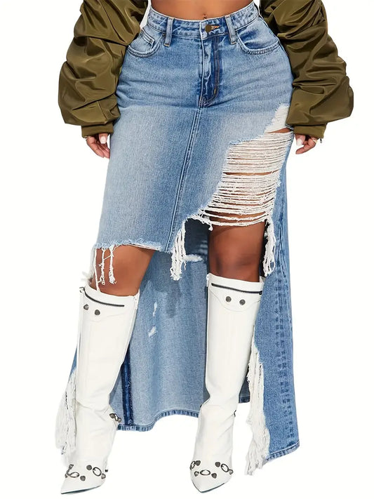 Elegant High Low Retro Distressed Denim Skirt