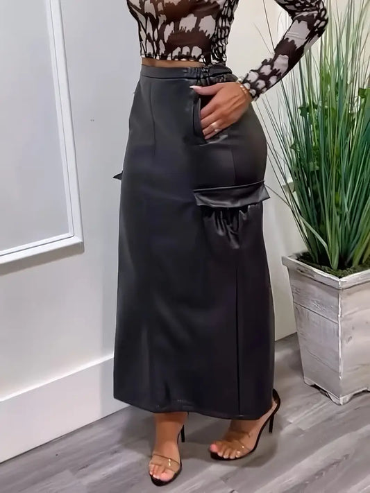 Stylish Leather Cargo Split Skirt