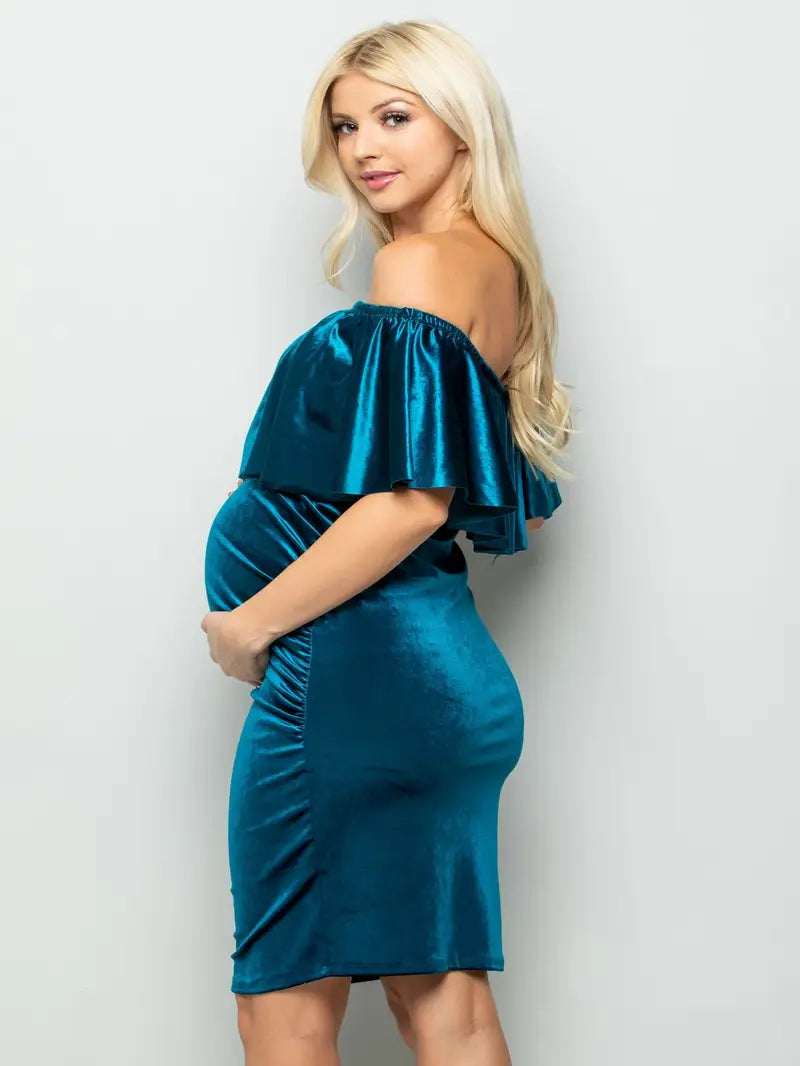 Velour Off Shoulder Luxurious Maternity Dress
