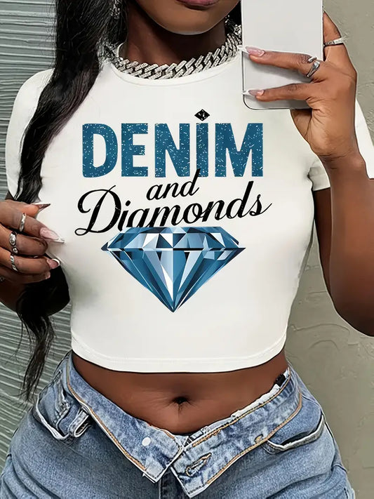 Denim & Diamonds Graphic Cropped Tee