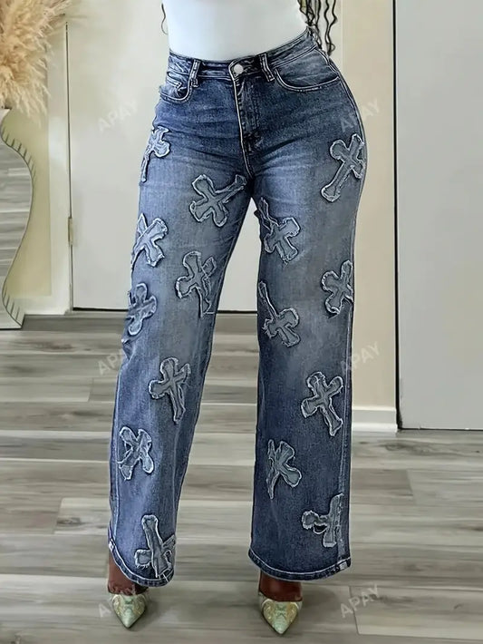 Retro Cross Print Distressed Casual Wide Leg Jeans