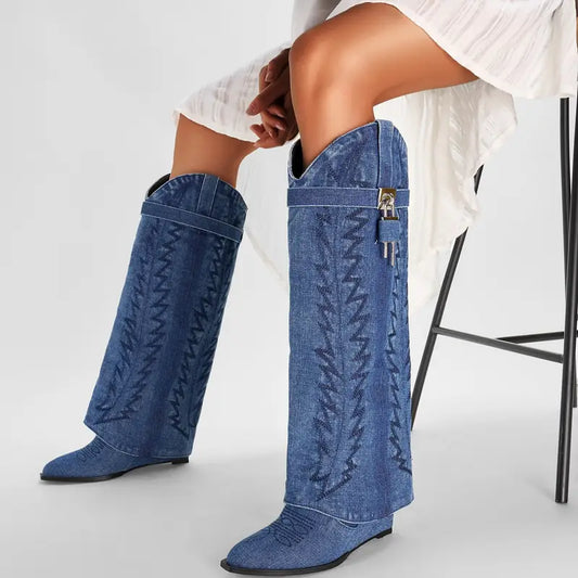 Exclusive Luxe Denim Lock Cowboy Boots