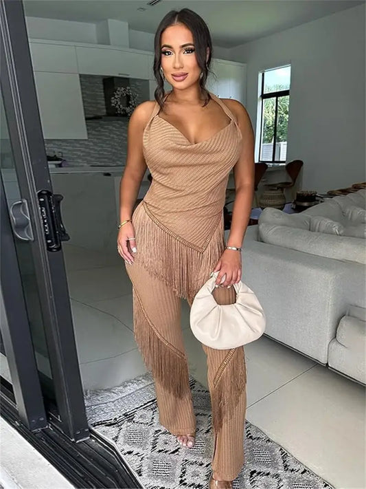 High End Sexy Backless Knitted Tassel Two Piece Set