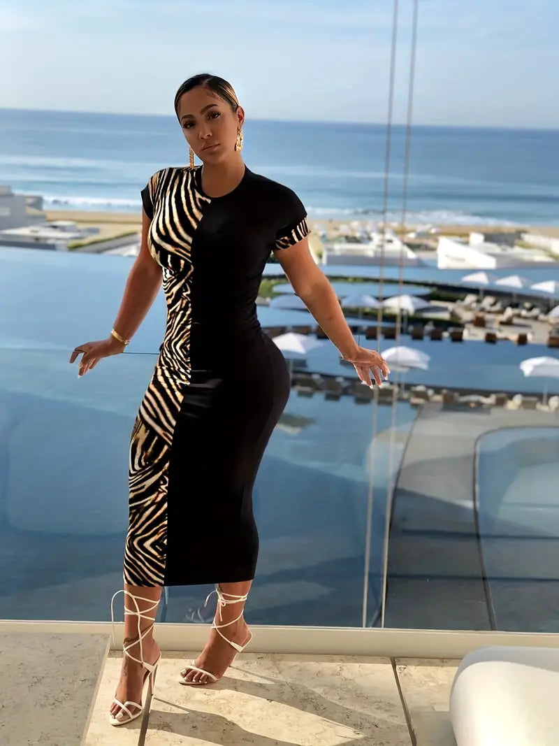 Bold Two Tone High Fashion Zebra Print Maxi Dress