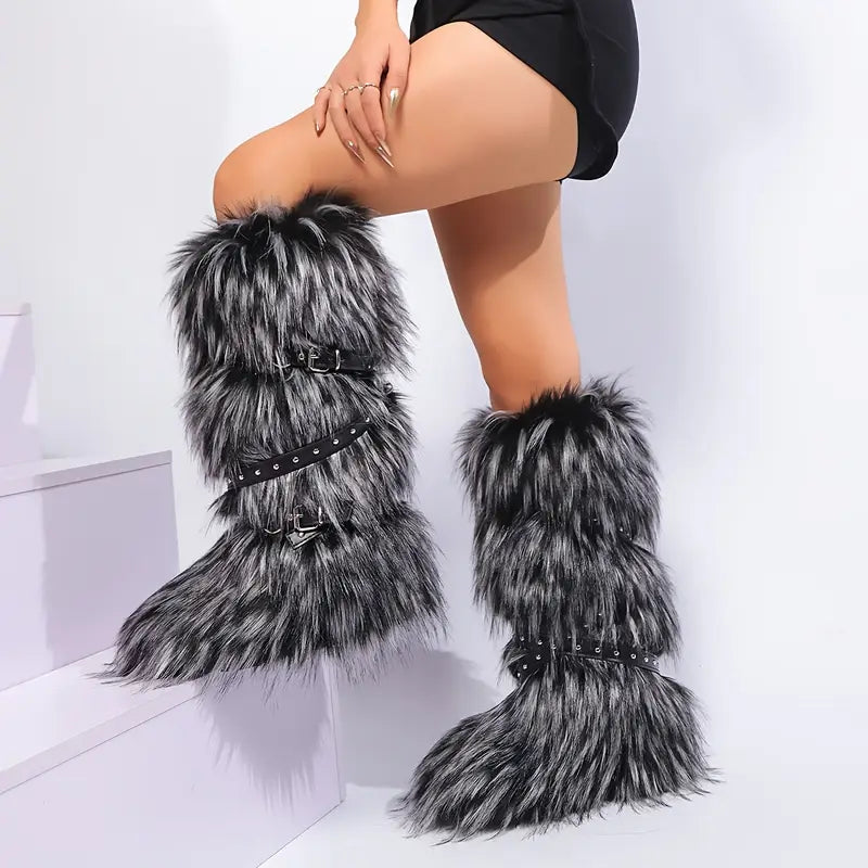 Retro Long Fur Belted Boots