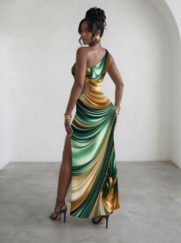 Regal Single Shoulder Cut Sides Vacation Thigh Split Maxi Dress