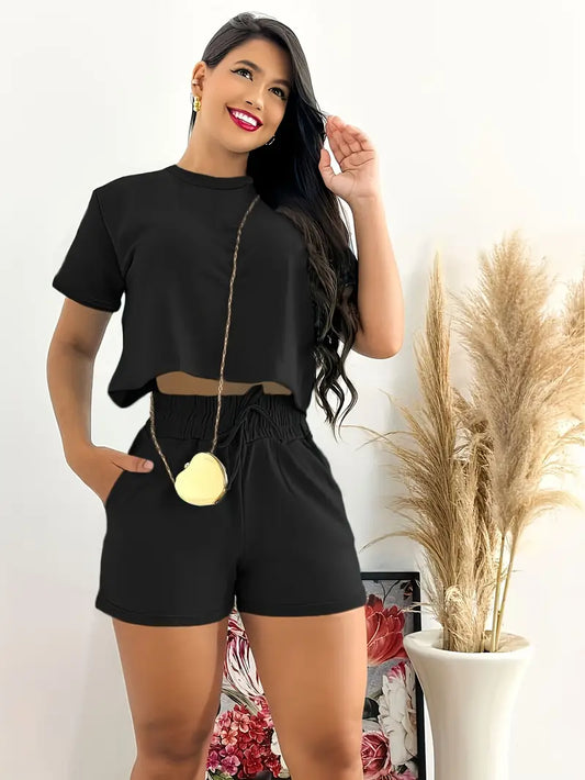 Sleek Solid Casual Shorts Set