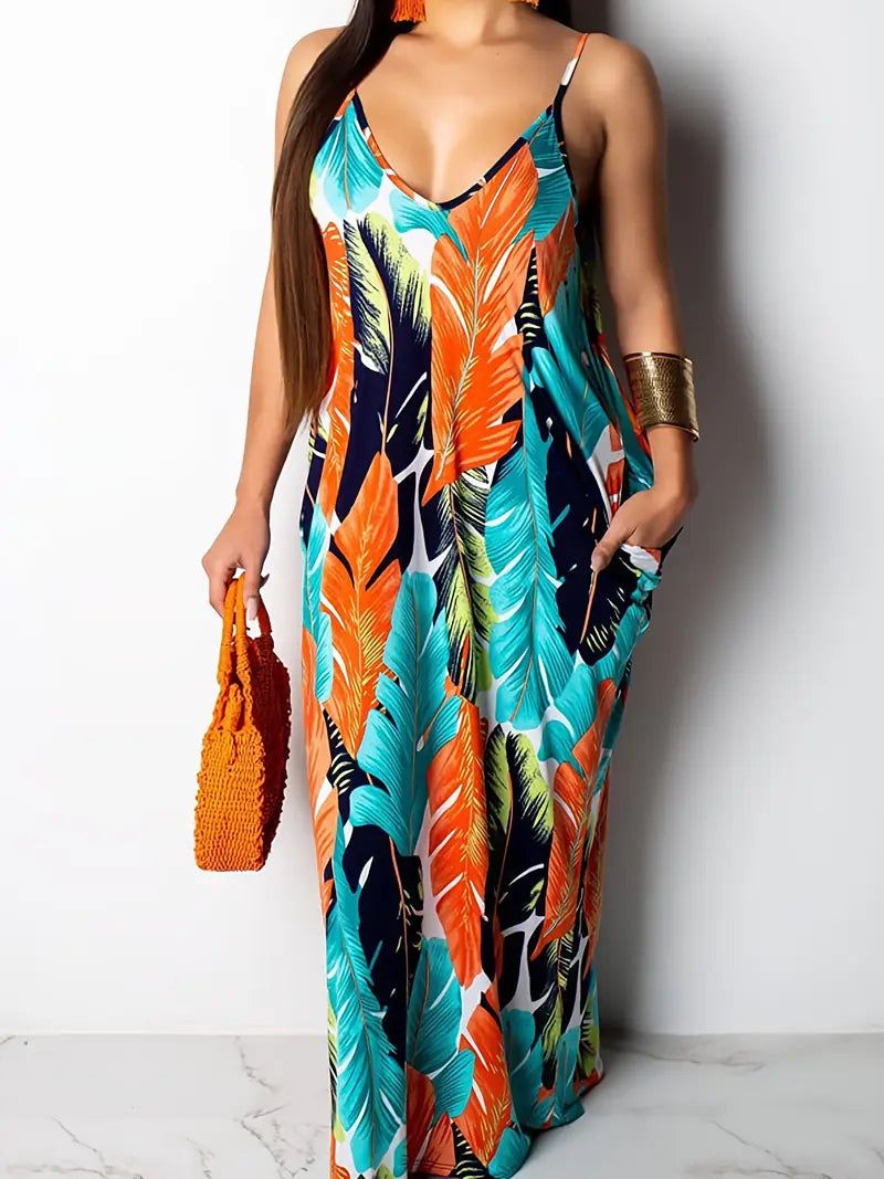 Tropical Leaf Print Boho Maxi Dress