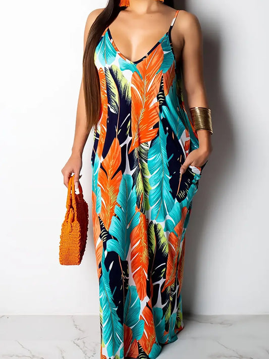 Tropical Leaf Print Boho Maxi Dress