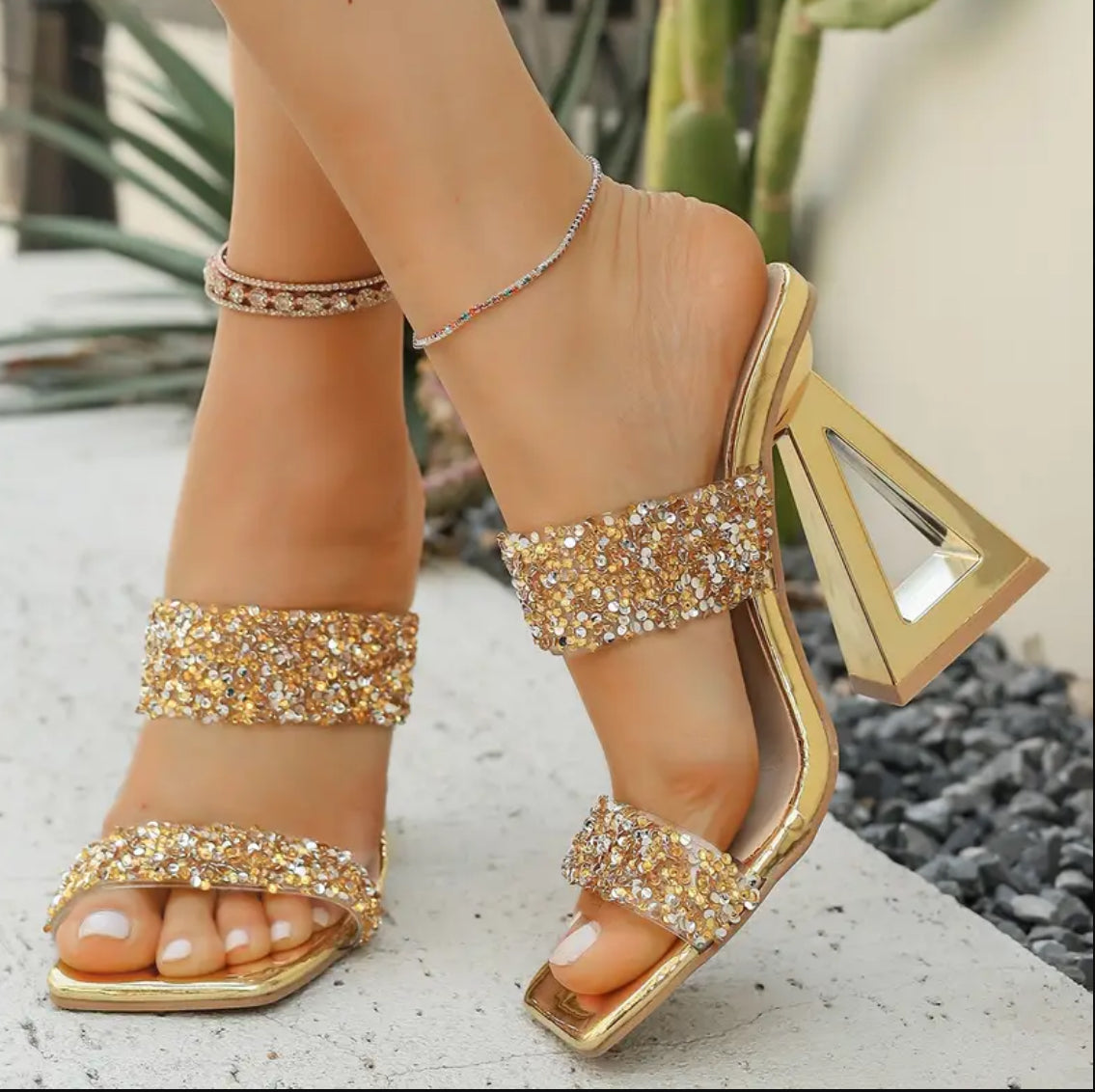 Iconic Golden Flake Pyramid High Heels