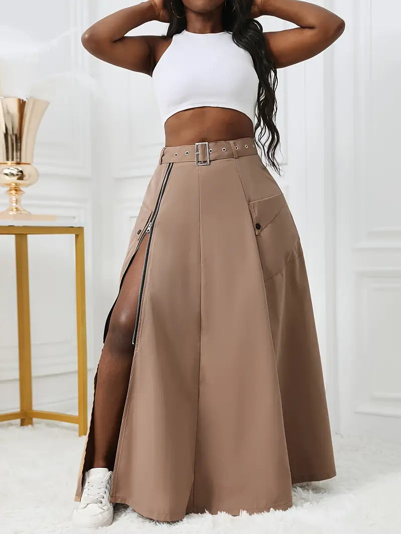 Long Chic Zip Flowy Cargo Skirt