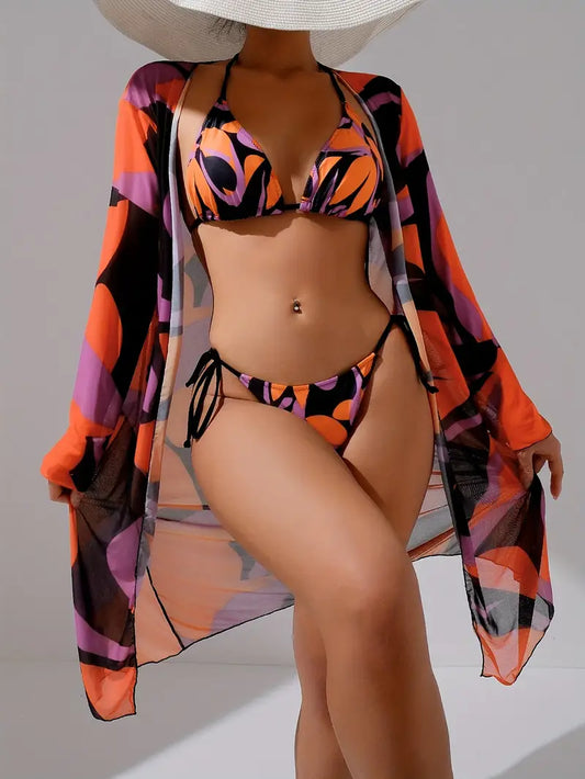 3 Piece Luxe AbstractPrint Bikini & Cover