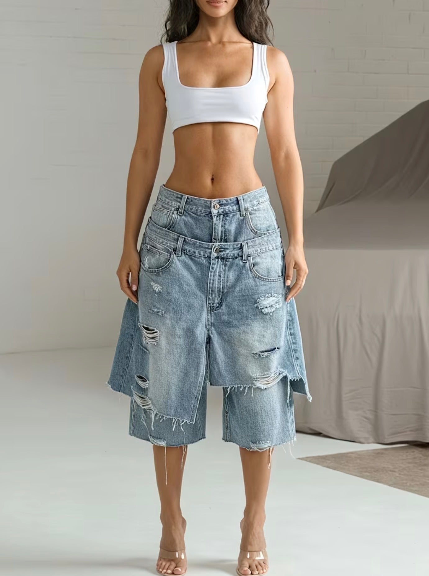 Streetchic Double Banded Distressed Shorts